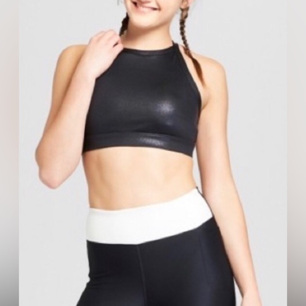 JoyLab Black Metallic Shimmer High Neckline Sports Bra Sz XS